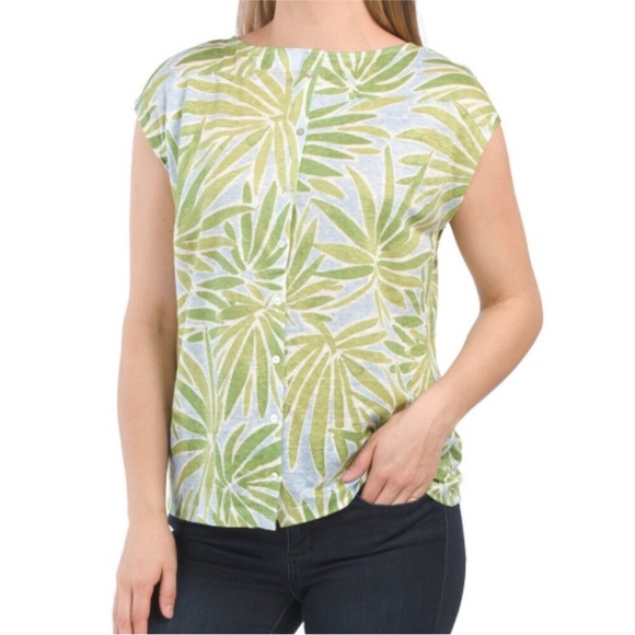 SIGRID OLSEN Tops - SIGRID OLSEN 100% Linen Short Sleeve Back Button Palm Print Top NWT flawed large